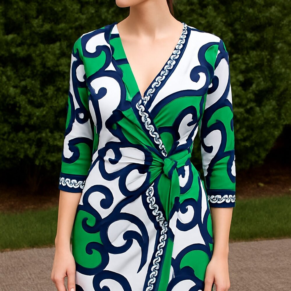 Dressbarn Green Blue & White Swirl Print Wrap Dress - Size 10 #518